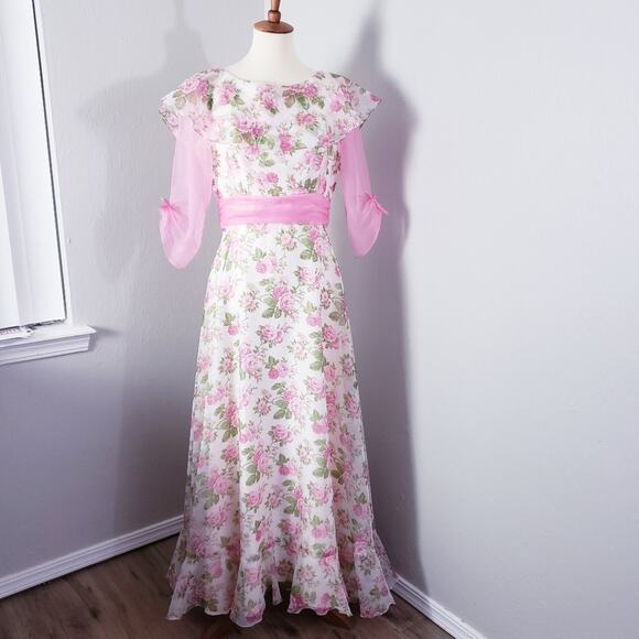 Vintage 60s Sylvia Ann Rose Floral Chiffon Maxi Gown Ruffle Flutter Sleeve 14 - Picture 1 of 16